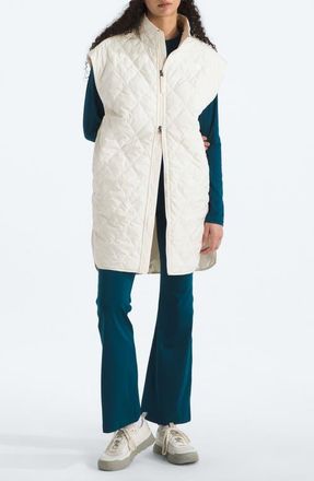 The North Face Diamond Peak Water Repellent Quilted Long Vest in White Dune at Nordstrom, Size X-Small