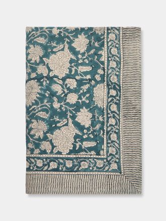 Chamois Indian Rose Block-Printed Linen Rectangular Tablecloth (106.5in/2.7m)