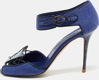 Manolo Blahnik Navy Blue Fabric And Patent Leather Ankle Strap Sandals