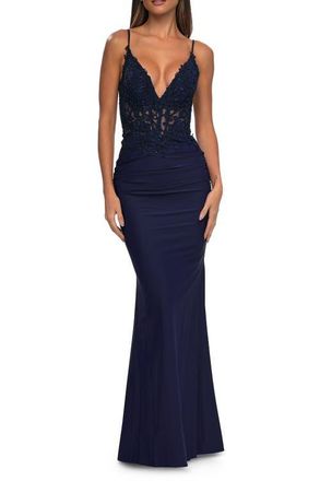 La Femme Illusion Lace V Neck Top with Jersey Skirt Dress in Navy at Nordstrom, Size 6