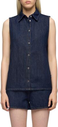 7 For All Mankind Sleeveless Cotton & Linen Denim Snap-Up Shirt in Blossom at Nordstrom, Size X-Small