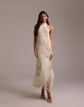 Asos Vestito da sposa lungo allacciato al collo color avorio con decorazioni floreali e orlo con frange-Bianco