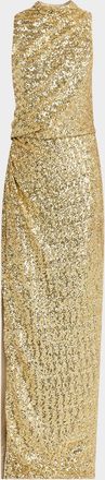 Balmain Draped Sequined Halter Column Gown