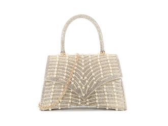 Girly HandBags Womens Beaded Top Handle Evening Bag - Geometric Pattern Hard Case Purse with Chain Strap for Weddings, Parties, and Formal Events Medium Gold
