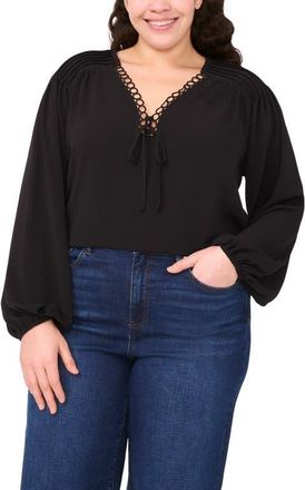 CeCe by Cynthia Steffe Circle Lace Long Sleeve Pintuck Top in Rich Black at Nordstrom, Size 1 X