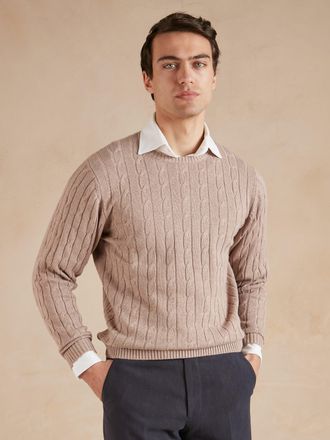 Oliver Brown Cable Knit Cotton Cashmere Crew Neck Jumper - Beech Brown