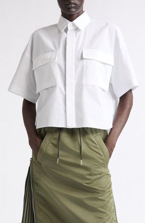 sacai Pleat Back Crop Poplin Button-Up Shirt in White at Nordstrom, Size 2