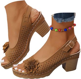 Generic Block Heel Sandals for Women Open Toe Ankle Strap Chunky High Heels Foral Sandals Casual Hollow Out Summer Dressy Sandal Slingback Chunky Block Heel D