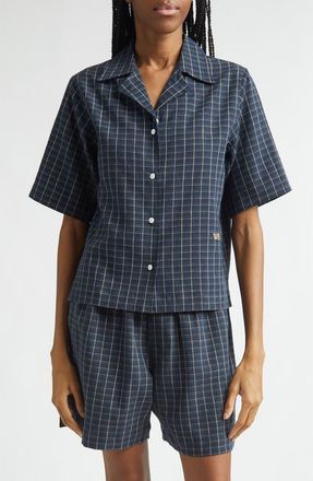 Wales Bonner London Windowpane Check Stretch Linen Bowling Shirt in Navy /Ivory /Rust at Nordstrom, Size 2-4 Us
