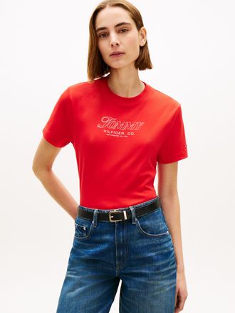 Tommy Hilfiger Kurzarmshirt TOMMY HILFIGER TILT GRAPHIC REG C-NK SS TEE, Damen, Gr. L (42/44), fireworks, Single Jersey, Obermaterial: 100% Baumwolle, bedruckt, unif