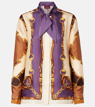 Gucci Printed tie-neck silk twill blouse