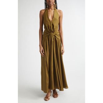 Zimmermann Indra Plunge Halter Silk Maxi Dress in Olive at Nordstrom, Size 1