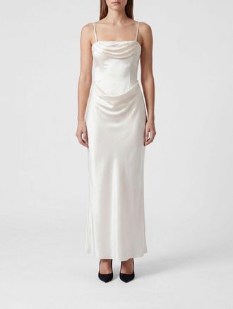 Rotate Abito lungo bustier in raso con vita drappeggiata e scollo quadrato