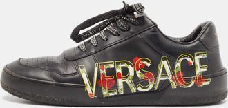 Versace Black Leather Floral Logo Low Top Sneakers