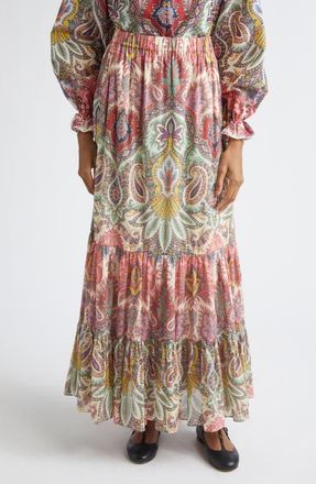 Etro Paisley Print Cotton Tiered Maxi Skirt in Print On White Base at Nordstrom, Size 10 Us