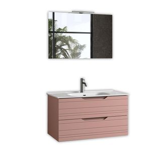 Aquadesign Mueble de ba&ntilde;o con espejo de 4 piezas en mdf rosa empolvado