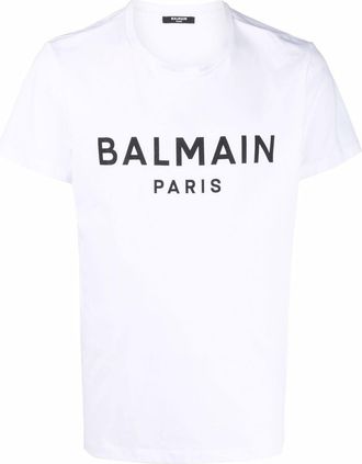 Balmain Mens Paris Print Logo T-shirt in White Cotton - Size Medium