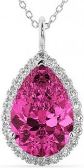 Allurez Halo Pink Tourmaline & Diamond Pear Shaped Pendant Necklace 14k White Gold (7.19ct)