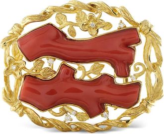 Luxury Bazaar 18K yellow gold diamond coral brooch - women - 18kt Yellow Gold/Diamond/Coral - One Size