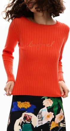 Desigual Long Sleeve Rib T-Shirt in Orange at Nordstrom, Size X-Large