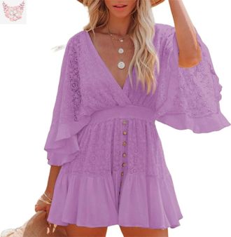 Generic Womens Batwing Sleeve Backless Romper Dress, Lace Crochet Mini Ruffle Jumpsuits Skirt Womens Lace V Neck Mini Dresses (Purple,L)