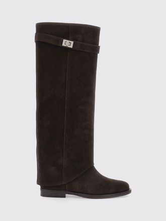 Via Roma 15 Knee-High Calfskin Leather Wedge Boots with Strap Details