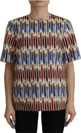 Dolce & Gabbana Stijlvol Wit Potlood Print Blouse - Dames - T-shirts - Veelkleurig - L - Katoen - Tops