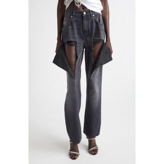 Area Hotfix Thigh Slash Straight Leg Jeans in Washed Black at Nordstrom, Size 24