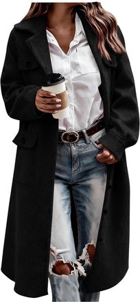Generic Womens Long Overcoats Ladies Wool Blend Coats Elegant Notched Lapel Trench Coat Solid Color Button Closure Mid Length Jackets with Pockets Casual Wome