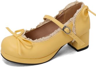 Generic Womens Mary Jane Pumps with Chunky Heel Sweet Style Shoes for Lolita,Yellow,7.5 UK