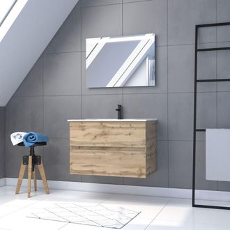 Aurlane Mueble De Ba&ntilde;o 80cm Suspendido Acabado Roble - Lavabo Blanco+ Espejo Led - Timber 80 - Pack36