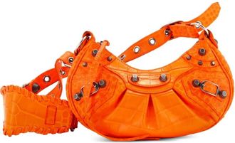 Balenciaga Le Cagole Giant Studs Crocodile Embossed Leather Small shoulder bag - Oranje