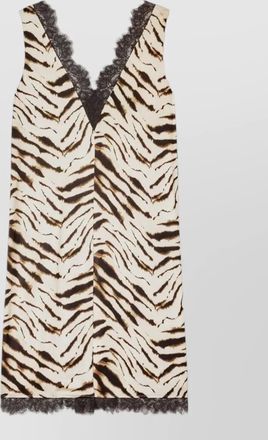 Ganni zebra-print lace-trim sleeveless midi dress