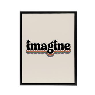 Artery8 Imagine Colourful Retro Rainbow Font Typography Framed Canvas Art in Beige | Size: W24 x H32