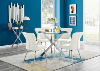 Furniturebox Novara Round Glass Dining Table & 4 Nora Silver Leg Chairs in Cream
