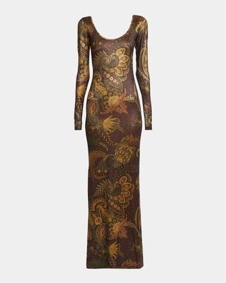 Etro Metallic Paisley-Print Long-Sleeve Column Dress
