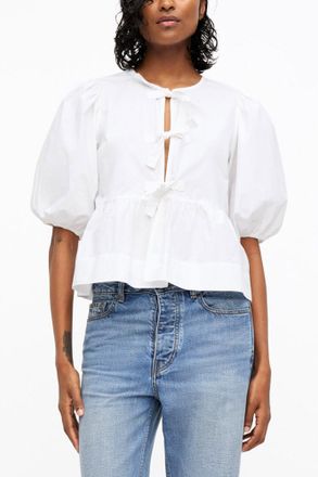 Ganni White Cotton Poplin Peplum Tie Blouse - Size 32 Organic