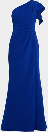 Teri Jon Pleated One-Shoulder Stretch Crepe Gown