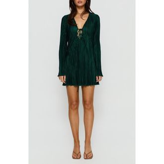 Princess Polly Malop Pliss&eacute; Long Sleeve Minidress in Emerald at Nordstrom, Size 12