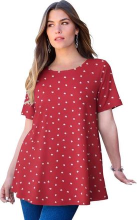Roaman's Plus Size Ultimate Cotton Crewneck Short Sleeve Swing Tee in Red Mini Hearts at Nordstrom, Size Small