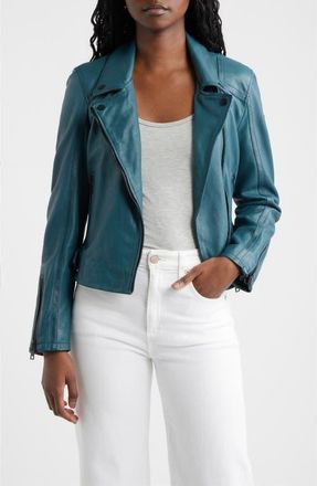Mauritius Bita Leather Moto Jacket in Teal at Nordstrom, Size 11