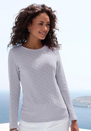 Vivance Langarmshirt VIVANCE mit modischem Ajour-Muster, Damen, Gr. 32/34, blau (hellblau), Feinstrick, Obermaterial: 60% Baumwolle, 40% Polyester, Basic schm