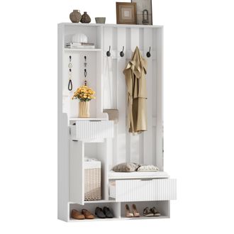 STILVORA Mueble De Entrada Con 8 Ganchos, Banco Zapatero, 2 Cajones Y 1 Armario, Blanco, En Aglomerado, 100&times;30&times;180 Cm