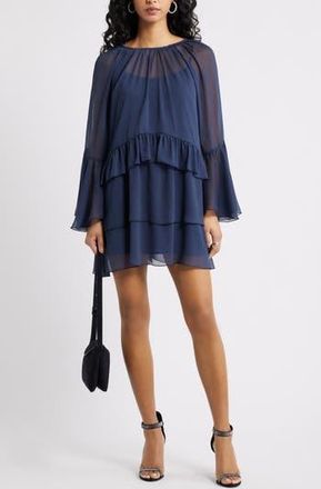 Open Edit Long Sleeve Tiered Chiffon Dress in Navy Iris at Nordstrom Rack, Size Xx-Small