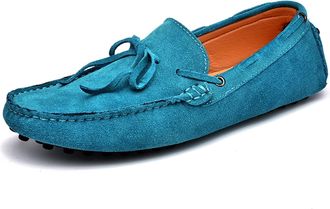 Generic Mens Loafers Deck Shoes 1-Eye Genuine Leather Stitching Details Suede Vamp Slip Resistant Flexible Lightweight Casual Wedding Slip-ons(Sky Blue,11.5 U