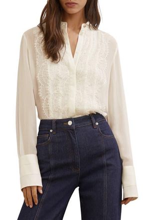 Reiss Miranda Lace & Crepe Button-Up Shirt in Cream at Nordstrom, Size 12 Us