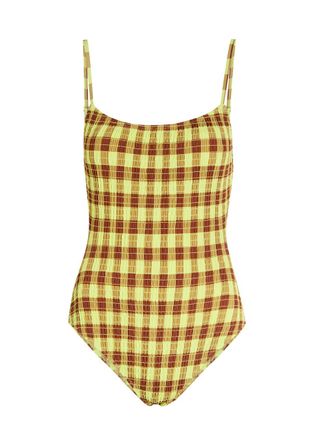 Damson Madder Lilibet Checked Smocked Swimsuit - Green - 16 (UK16 / XL)