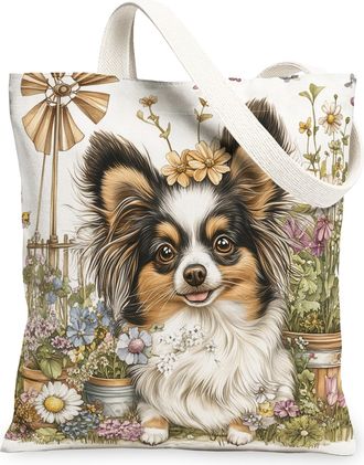 Generic Spring Papillon Dog Canvas Tote Bag for Shopping 13x15, Farmhouse Country Puppy Reusable Grocery Print Bag for Women, Farm Pet Beach Aesthetic Paintin