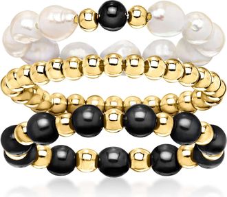 Ross-Simons 3-4mm Cultured Pearl and 3-3.5mm Onyx Bead Jewelry Set: 3 Stretch Rings With 10kt Yellow Gold. Large (9-10)
