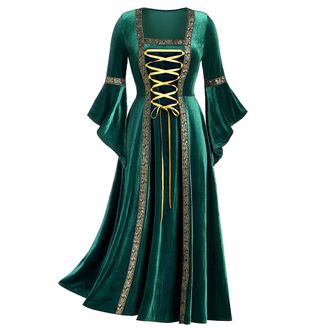 Generic Womens Gothic Renaissance Medieval Dress Retro Square Neck Flare Sleeve Lace Up Halloween Party Long Gown Maiden Costume, 5 Green, Large